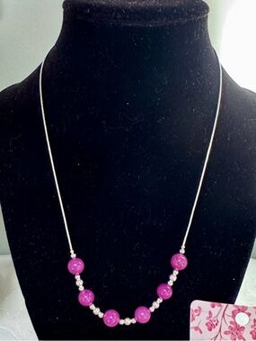 18” Liquid Sterling Silver Fuschia coloured Natural Stone Necklace